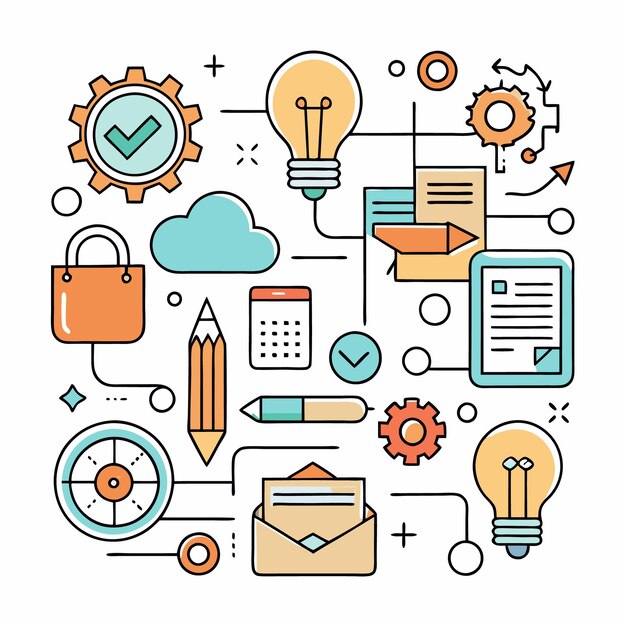 A colorful illustration of interconnected business icons representing productivity and innovation