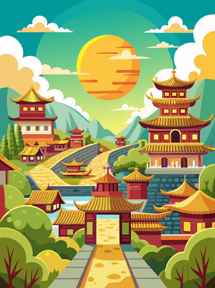 Vector a colorful illustration of a japanese city with a sun and mountains in the background