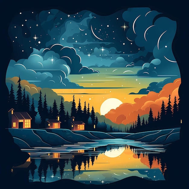 A colorful illustration of a lake with a starry sky and a lake with a lake and a house on it.