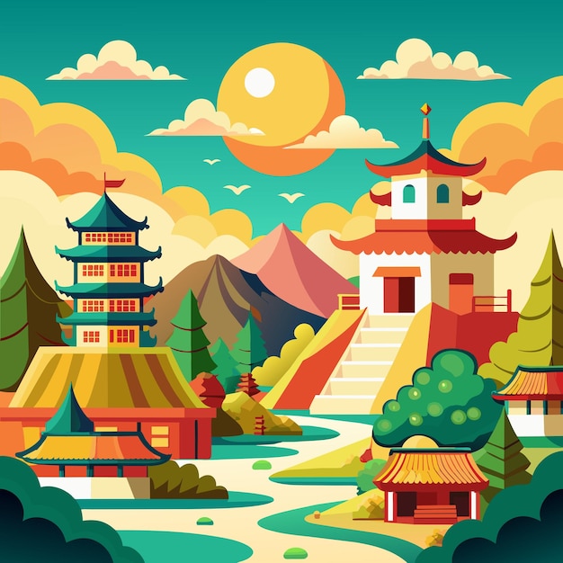 a colorful illustration of a landscape with a pagoda and mountains in the background