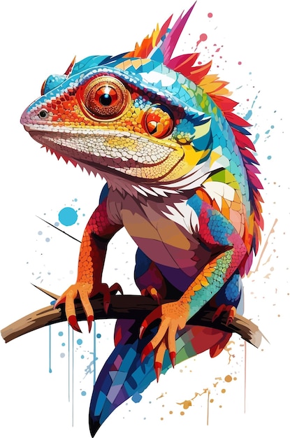 A colorful illustration of a lizard on a branch