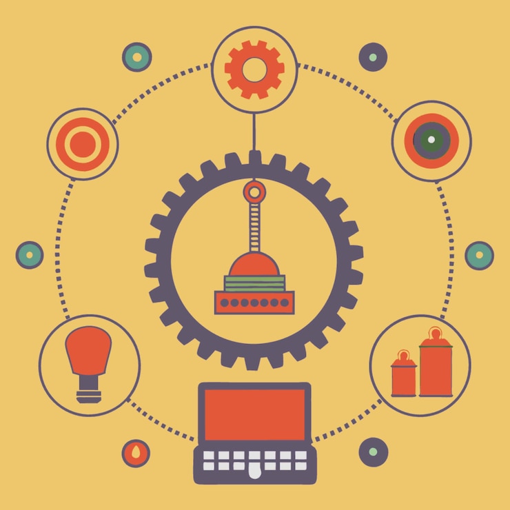 Vector a colorful illustration of a mechanical device with the word factory on it