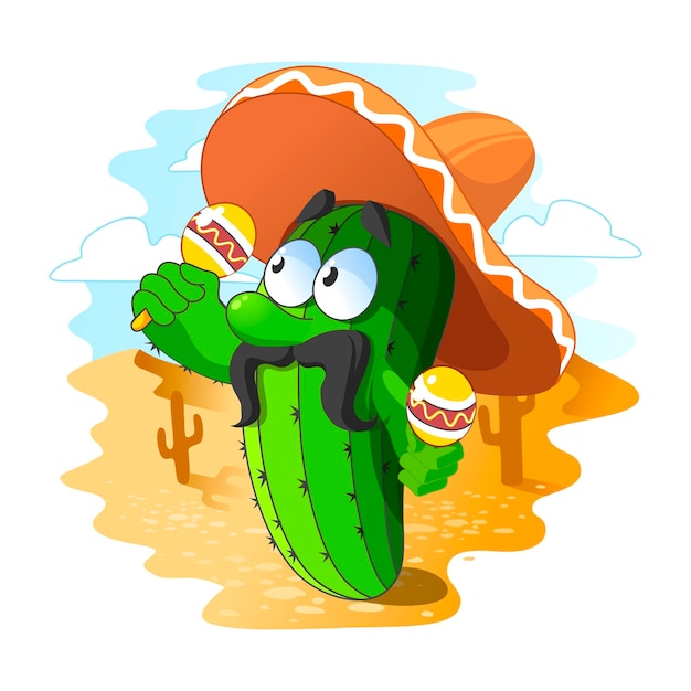 Colorful illustration of a Mexican cactus with maracas and in a sombrero