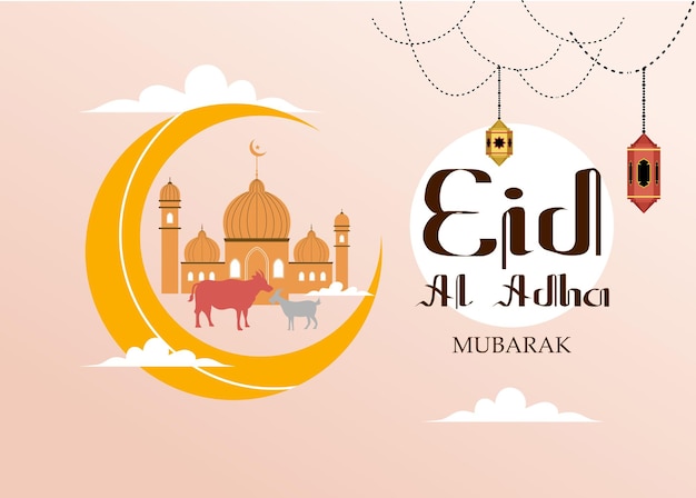 A colorful illustration of a mosque with a cow and a moon of eid al adha