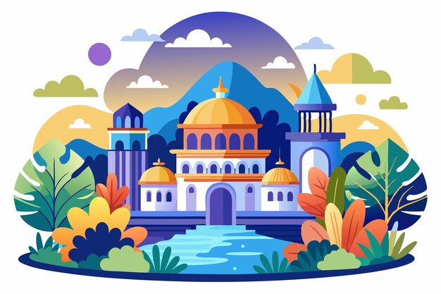 colorful illustration of a mosque with a pool and lush greenery