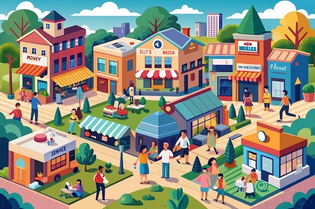 ベクトル カフェスモークショップ書店など様々な建物があり散歩しゃべり日常の活動に携わっている人々を描いた活気のある小さな町の場面のカラフルなイラスト
