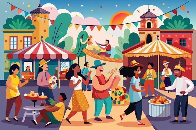 Вектор Красочная иллюстрация оживленного уличного фестиваля с различными людьми, танцующими, играющими музыку и наслаждающимися едой под висящими баннерами и струнными огнями
