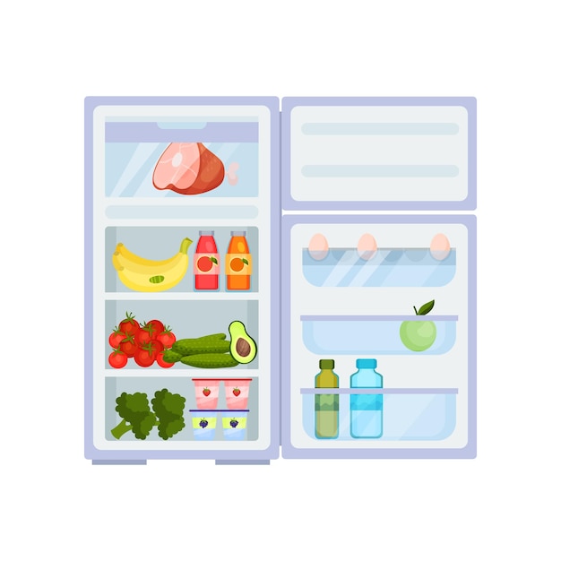 Vettore illustrazione colorata del frigorifero aperto pieno di prodotti frutta e verdura fresca, coscia di maiale, yogurt e uova, bevande varie, conservazione degli alimenti, attrezzatura da cucina, design vettoriale piatto isolato