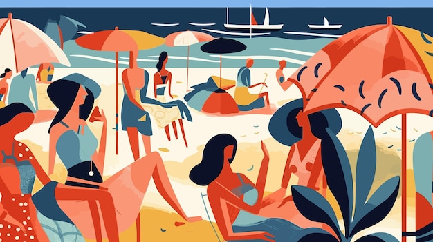 Красочная иллюстрация людей на пляже с лодкой на заднем плане.