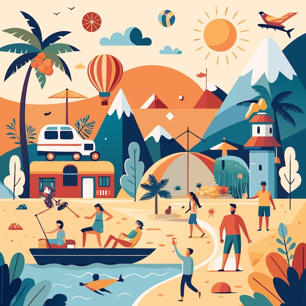colorful illustration of people enjoying summer vacation activities