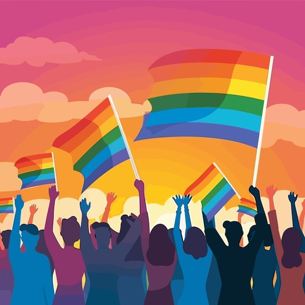 A colorful illustration of people holding rainbow flags.