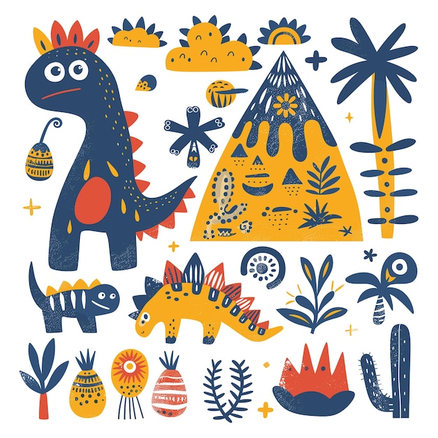 Colorful illustration of playful dinosaurs and vegetation elements