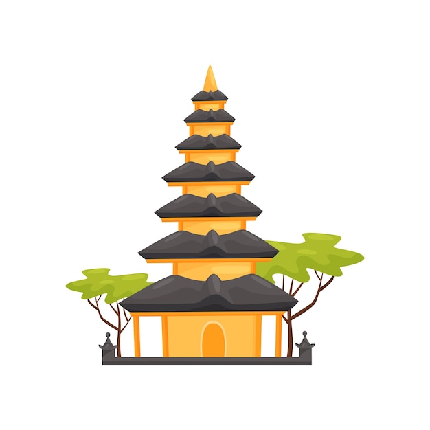 Vector colorful illustration of pura ulun danu bratan temple indonesian landmark in bali historical building travel to asia graphic element for postcard flat vector design isolated on white background