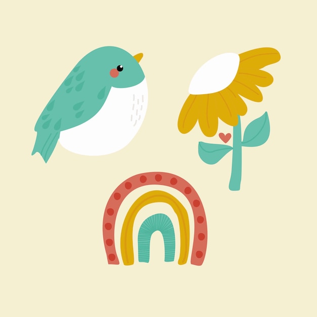 A colorful illustration of a rainbow daisy and a bird