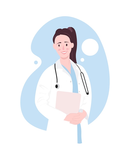 Vector colorful  illustration of realistic friendly woman doctor. smiling beautiful brunette in female medical uniform with stethoscope. positive cute young nurse holding clipboard in hands.