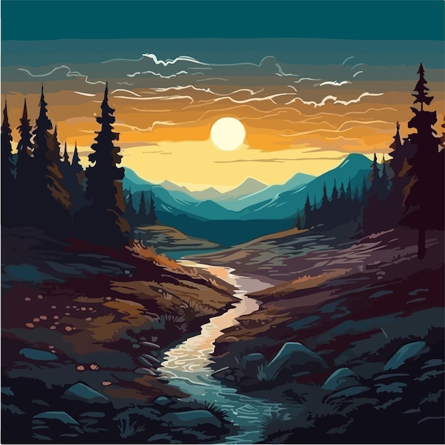 A colorful illustration of a river and mountains at sunset