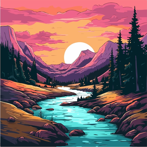 A colorful illustration of a river and mountains at sunset