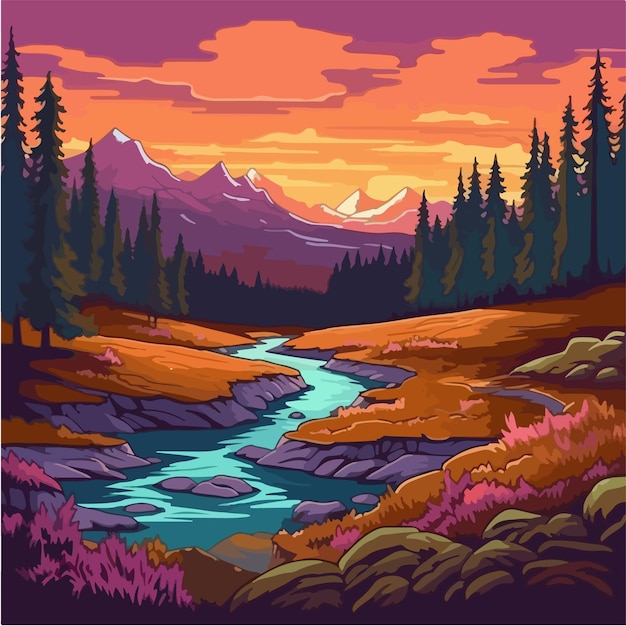 Un'illustrazione colorata di un fiume e montagne al tramonto.