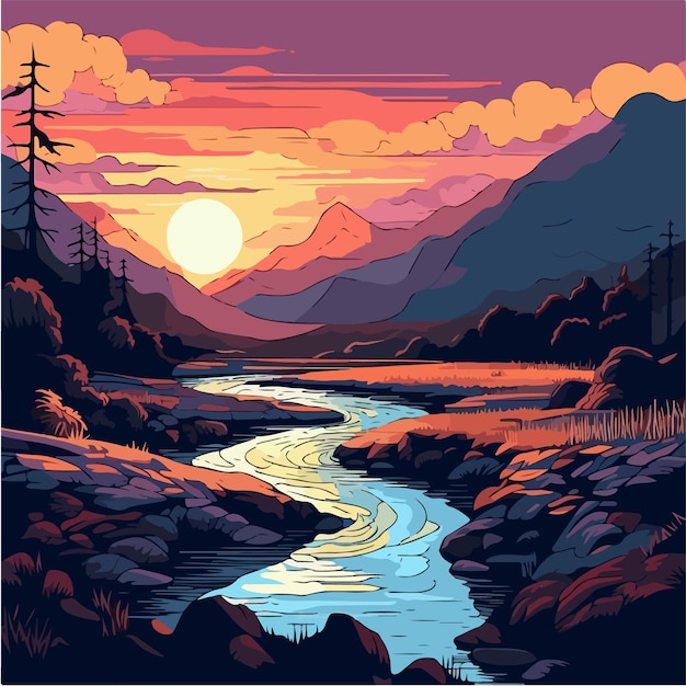 A colorful illustration of a river with mountains in the background.