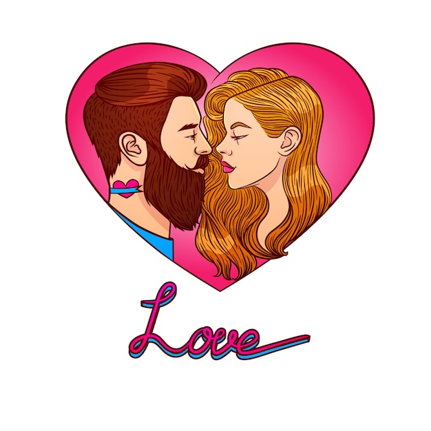 聖バレンタインのカードのカラフルなイラスト。画像男キス女性。ピンク色のハートの背景に2人の若者がキスし、テキスト「愛」