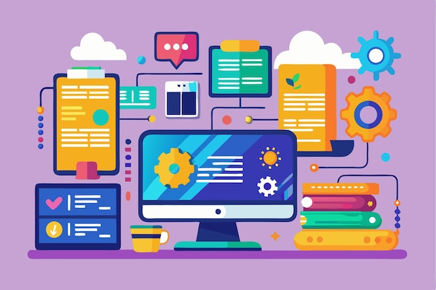 A colorful illustration shows a computer display surrounded by ...