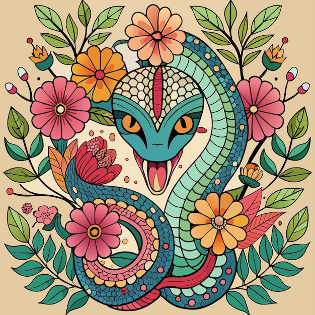 Vector a colorful illustration of a snake with flowers and a snake in it