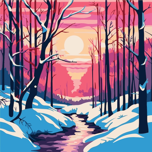 Vettore un'illustrazione colorata di un paesaggio innevato con un fiume in primo piano.