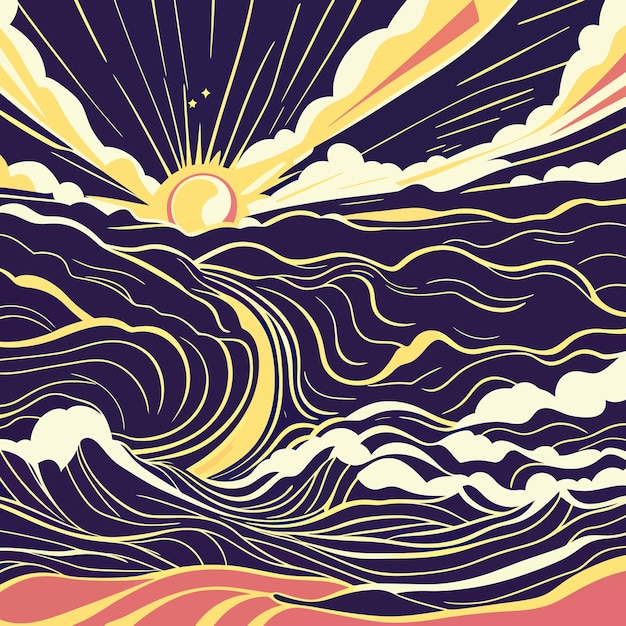 Vector a colorful illustration of a sunset over the ocean.