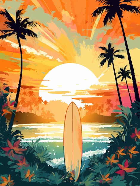 Un'illustrazione colorata di una tavola da surf con la parola surf su di essa