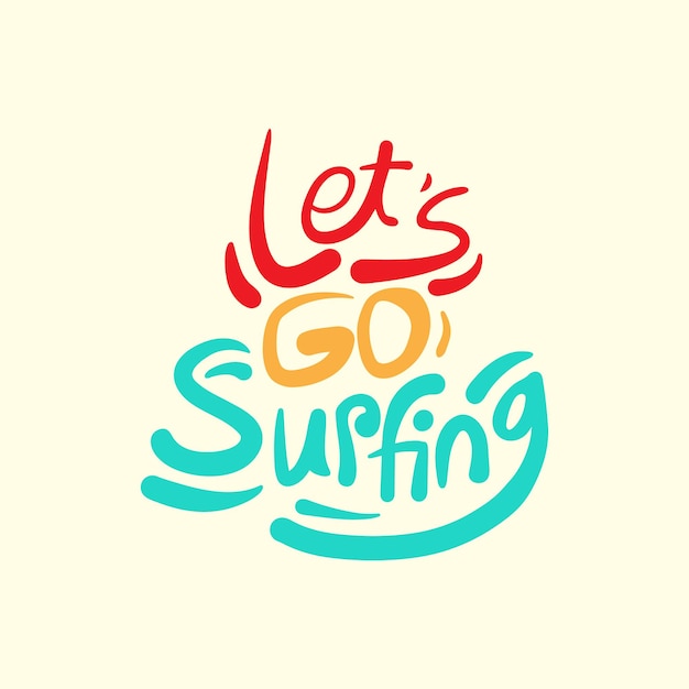 Let's go surfing이라는 단어가 있는 서핑보드의 다채로운 그림