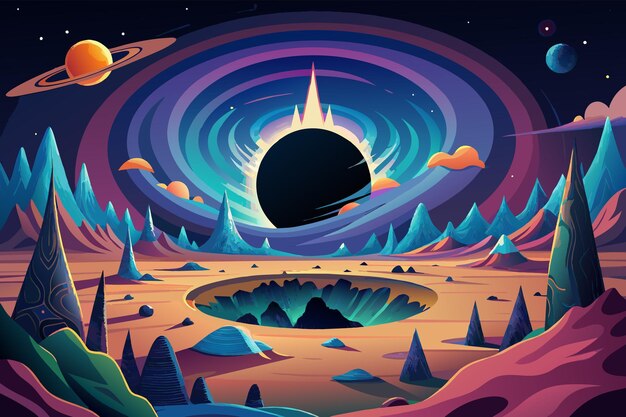 Vector colorful illustration of a surreal extraterrestrial landscape with a swirling wormhole at the center surrounded by mountainous terrain under a starry sky with various celestial bodies