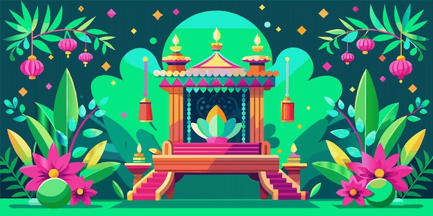 a colorful illustration of a temple with a green background