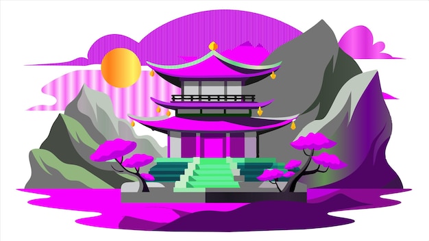 a colorful illustration of a temple with a purple background