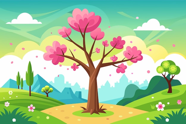 Vector a colorful illustration of a tree with flowers and the sun behind it