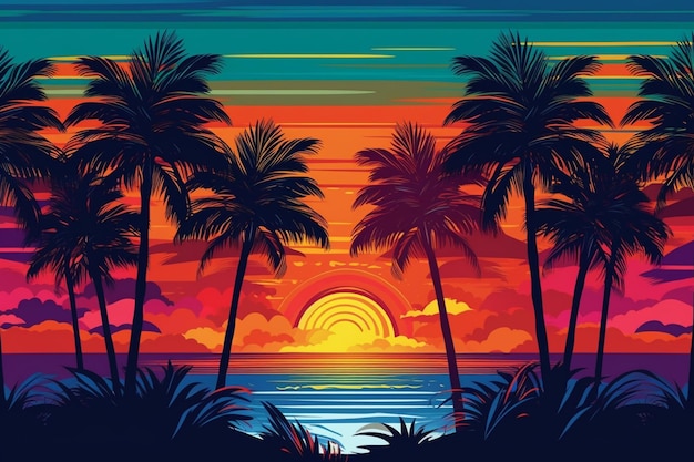 A colorful illustration of a tropical beach with palm trees and the sun shining through the clouds.