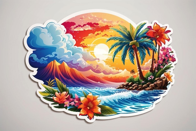 A colorful illustration of a tropical island with a volcano and palm trees