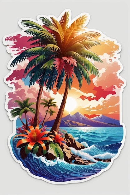 A colorful illustration of a tropical island with a volcano and palm trees