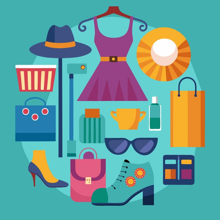 Vector a colorful illustration of a variety of fashion and shopping items including a hat dress shoes sunglasses bags and a shopping basket
