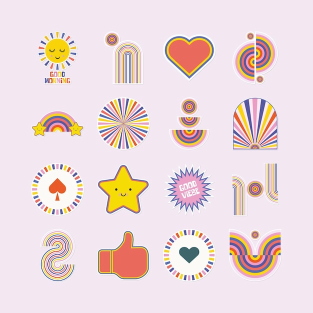 A colorful illustration of a variety of stickers pack flat design