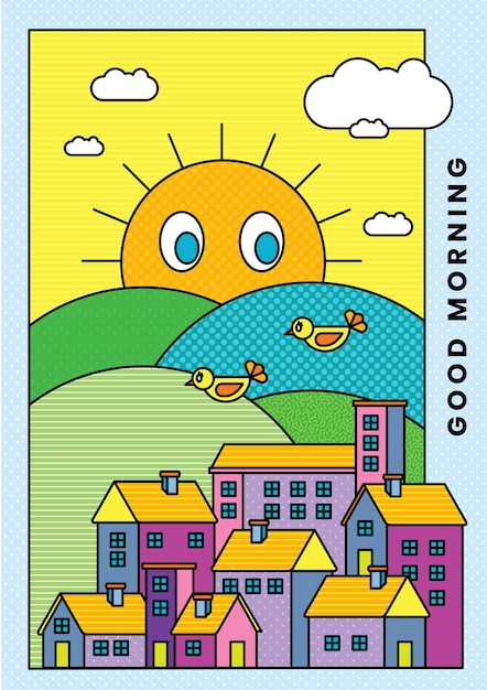 다채로운 그림 벡터 개요 템플릿 패턴입니다. 여름 분위기. 좋은 아침 도시입니다.