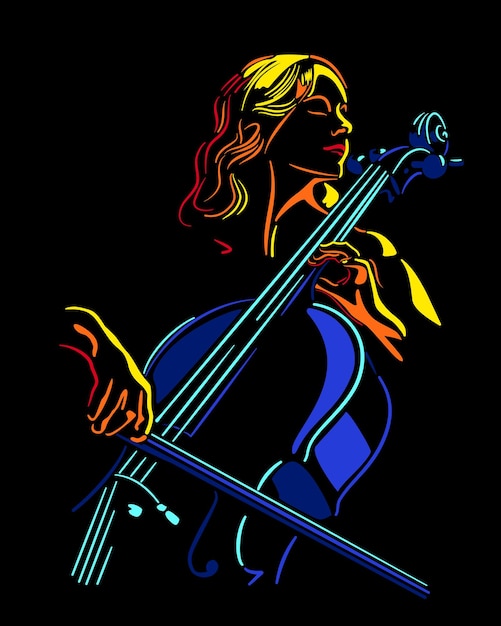 A colorful illustration of a woman playing cello.