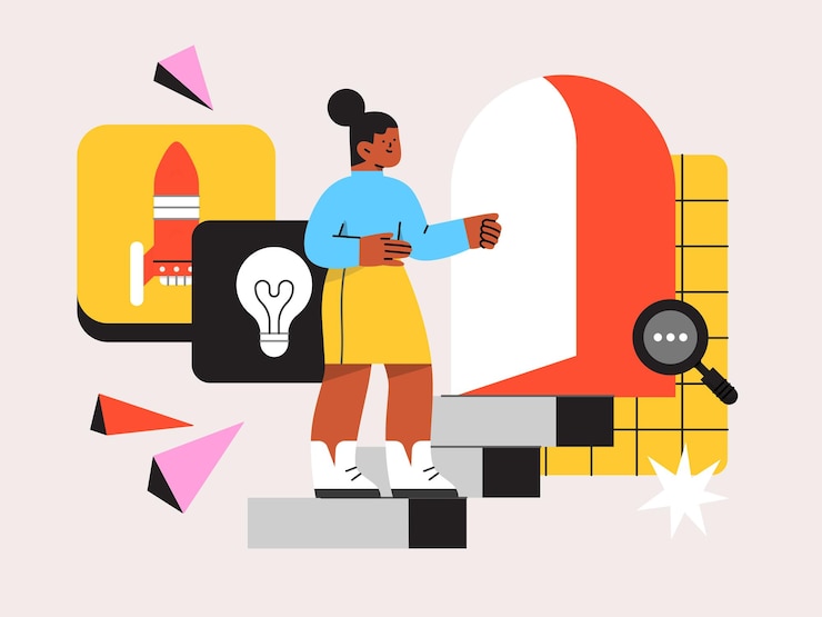 Vector a colorful illustration of a woman standing on stairs and pointing at a light bulb
