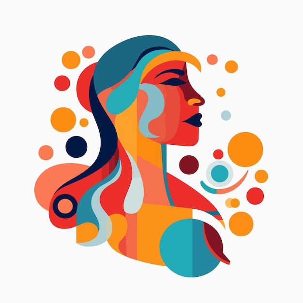 a colorful illustration of a woman with a black face and a red circle in the center.