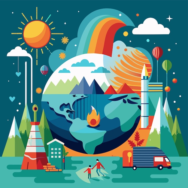 Vector a colorful illustration of a world with a mountain and a fire truck