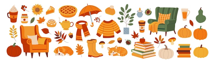Vector a colorful image of a fall scene with various items such as a chair a book