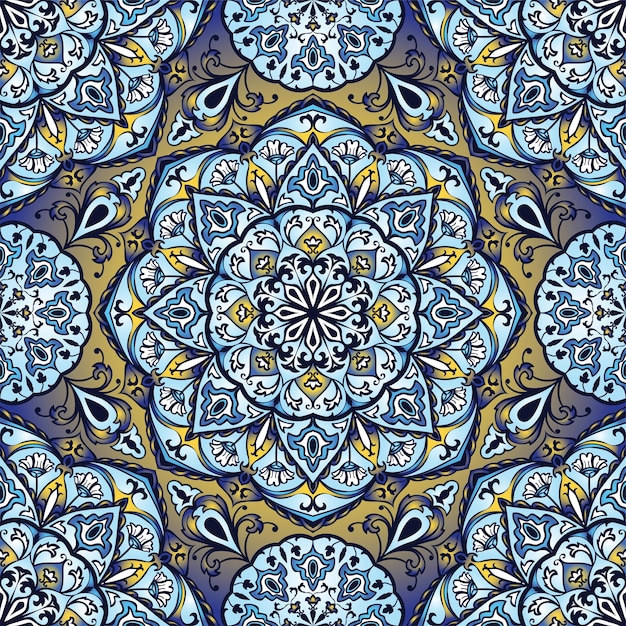 Colorful indian pattern with mandalas Vector blue background