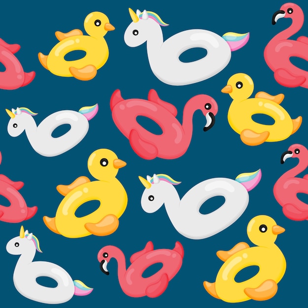 Vector colorful inflatable swimming seamless pattern. flamingos, duck and unicorn shape