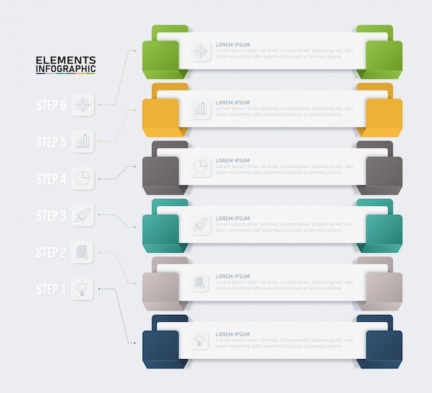 Modello di elementi colorati infografica, concetto di business con 6 opzioni.