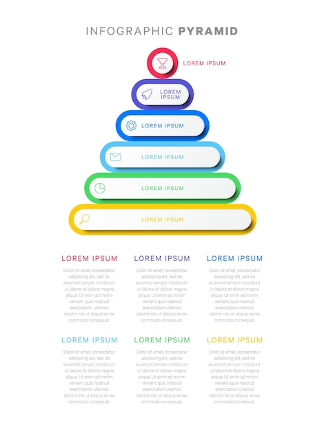 Vector colorful infographic pyramid with six levels 3d elements with shadows line icons and text blocks