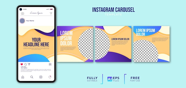 Vector colorful instagram carousel template with smartphone